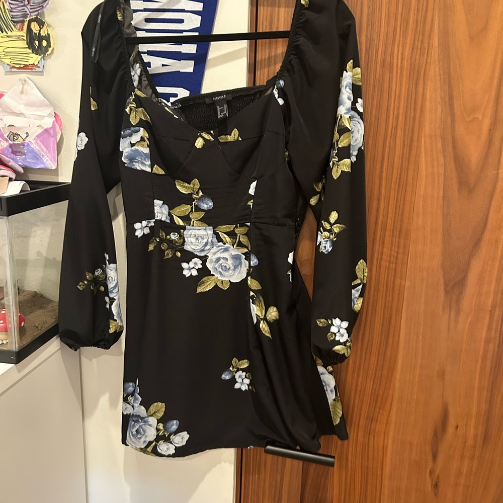 Forever 21 Black Long-Sleeve Mini Dress with Blue Floral Print